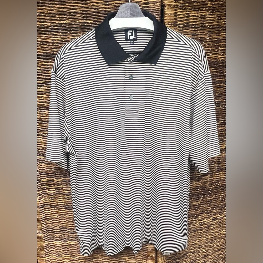 Foot Joy- Performance Polo-Black and Cream‎ Striped Men's Shirt,Size:Large